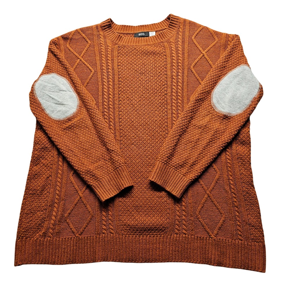 BDG Cable Knit Elbow Patch Sweater Womens XS Rust Orange Crewneck Mixed Knit